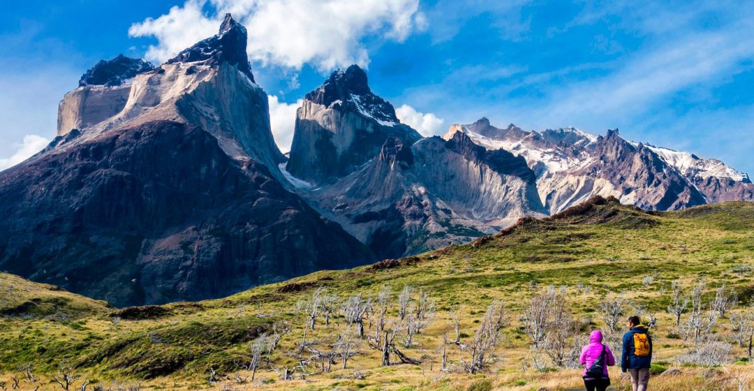 Hikers approaching the Mirador Cuernos viewpoint in Torres del Paine National Park, Patagonia, Chile